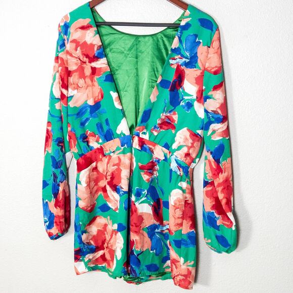 Lulus Floral Romper Open Back Green Multicolor Size Large Romantic - Picture 3 of 12